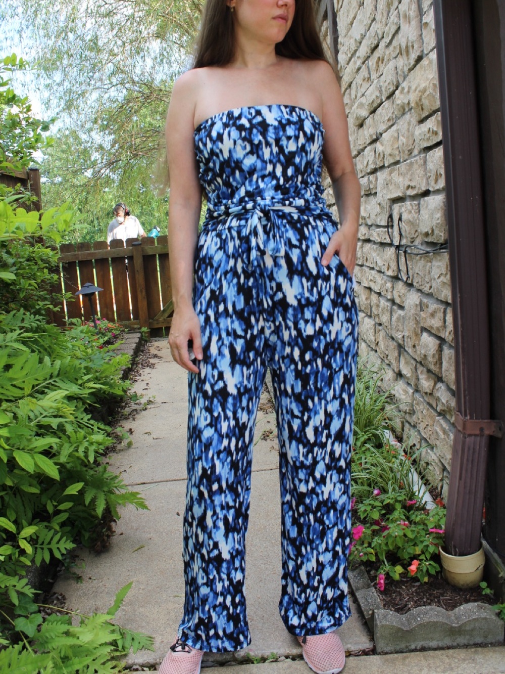 Veronica M Blue Black and White Strapless Printed Jumpsuit with Tie Waist